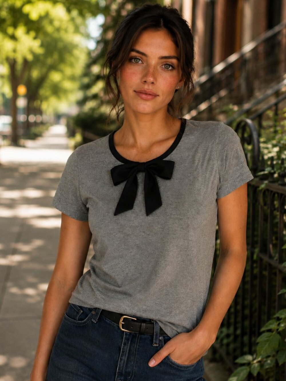 J CREW Gray Tee S Black Bow Applique Silk Trim Heather Grey Top Holiday 2014